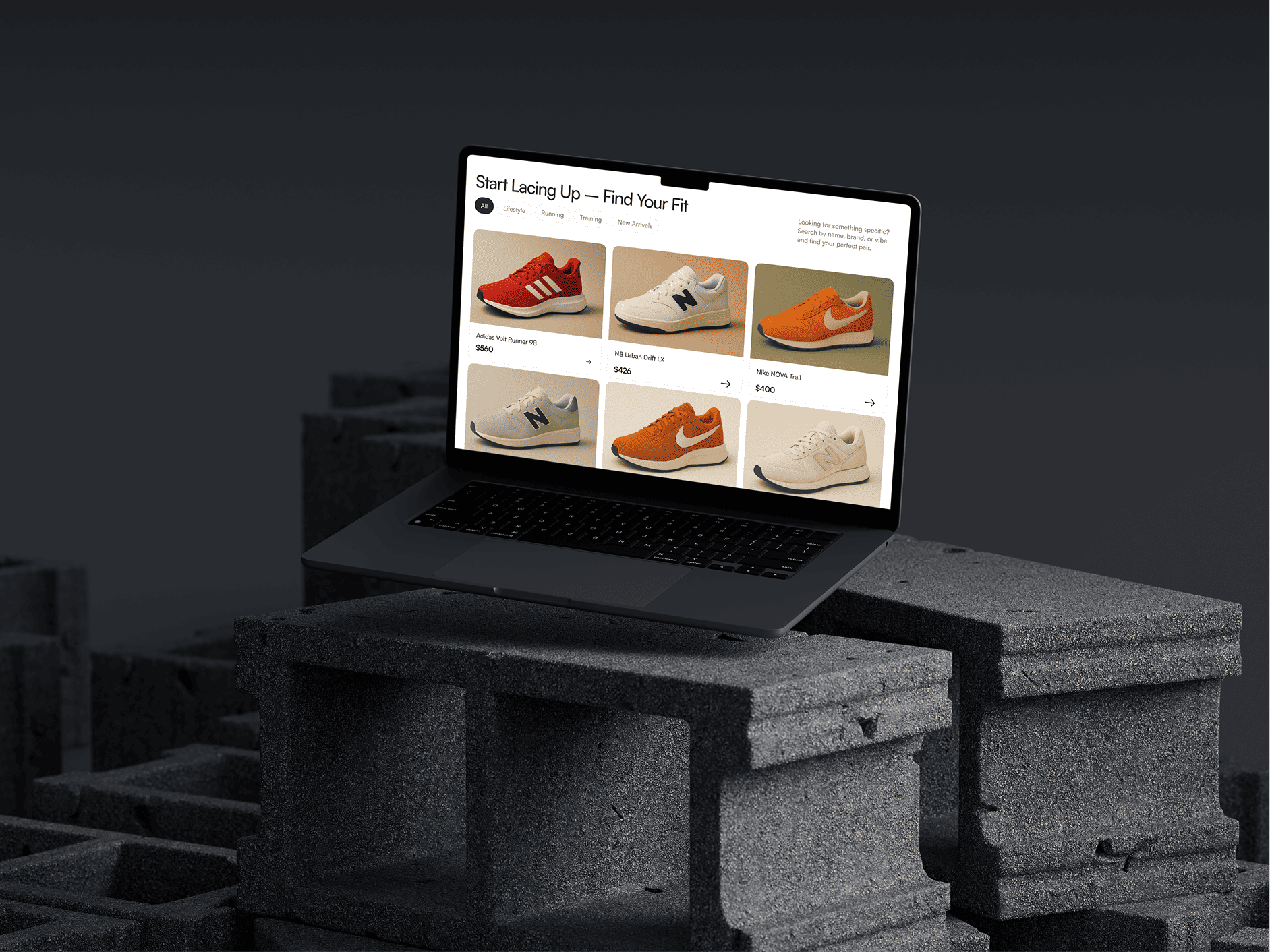 A laptop displaying a sneaker e-commerce website on its screen, showing a selection of shoes from brands like Adidas, New Balance, and Nike A laptop displaying a sneaker e-commerce website on its screen, showing a selection of shoes from brands like Adidas, New Balance, and Nike