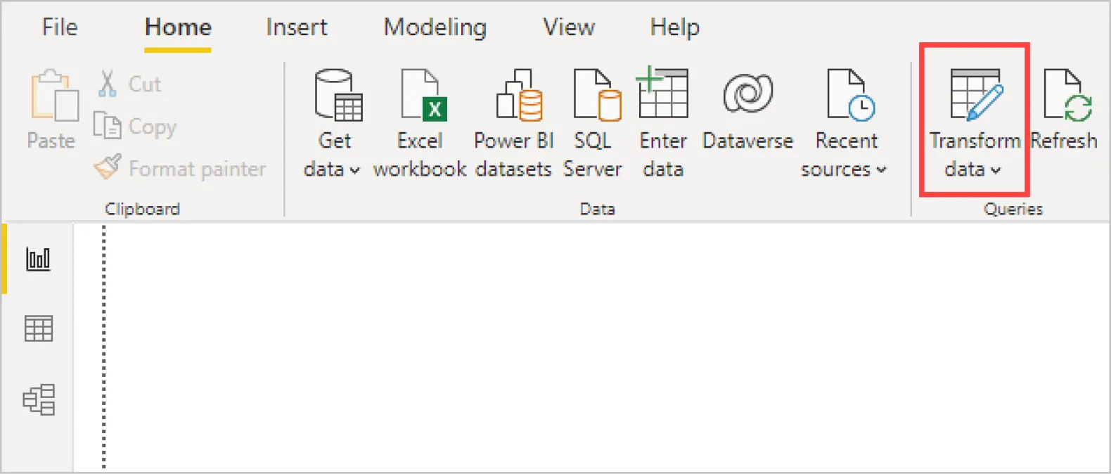 Power BI Desktop Home ribbon showing the “Transform data” button highlighted, which opens the Power Query Editor for data transformation. Power BI Desktop Home ribbon showing the “Transform data” button highlighted, which opens the Power Query Editor for data transformation.