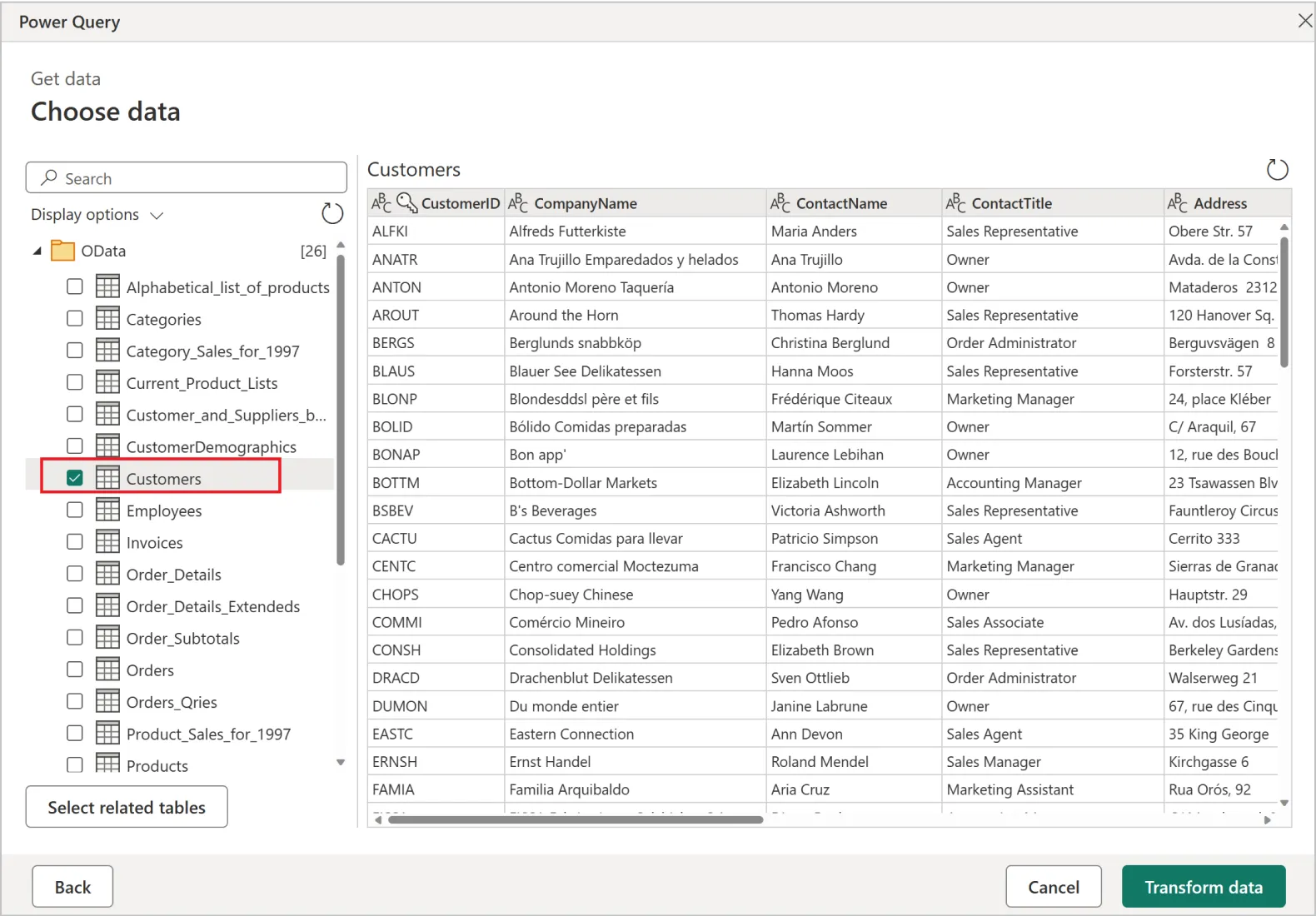 Power BI Navigator window with Customers table selected and data preview displayed Power BI Navigator window with Customers table selected and data preview displayed