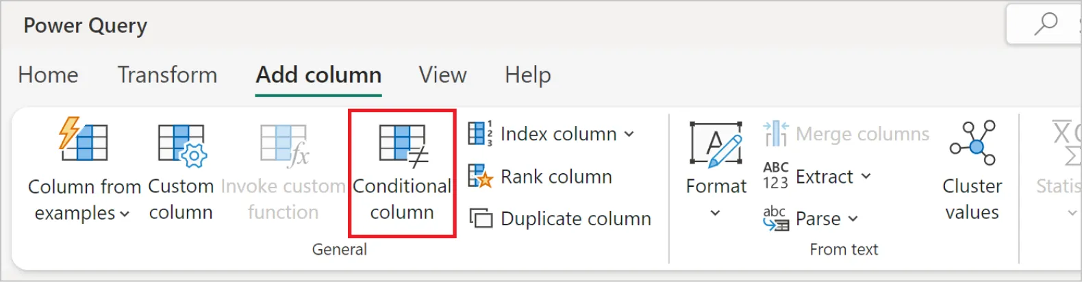 Power BI Query Editor Add Column tab with the Conditional Column option highlighted. Power BI Query Editor Add Column tab with the Conditional Column option highlighted.